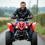 Motard en veste moto sur un quad rouge en campagne