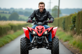 Motard en veste moto sur un quad rouge en campagne
