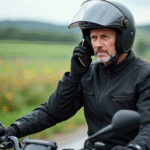 Homme motard en moto sur route rurale avec paysage verdoyant