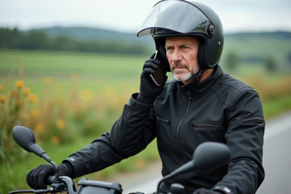 Homme motard en moto sur route rurale avec paysage verdoyant