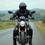 Motard en veste textile et casque sur une Yamaha MT09 en campagne