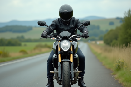 Motard en veste textile et casque sur une Yamaha MT09 en campagne