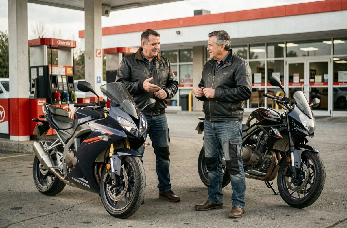 Deux motards en discussion dans une station-service, évoquant les coûts de leur assurance moto au kilomètre
