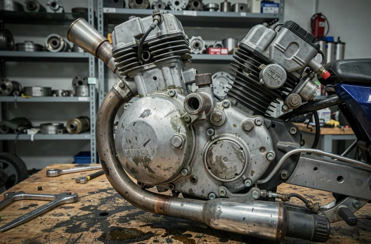 Gros plan sur le moteur deux-temps d'une Yamaha TZR 50cc dans un atelier mécanique indépendant, avec outillage et pièces détachées en arrière-plan