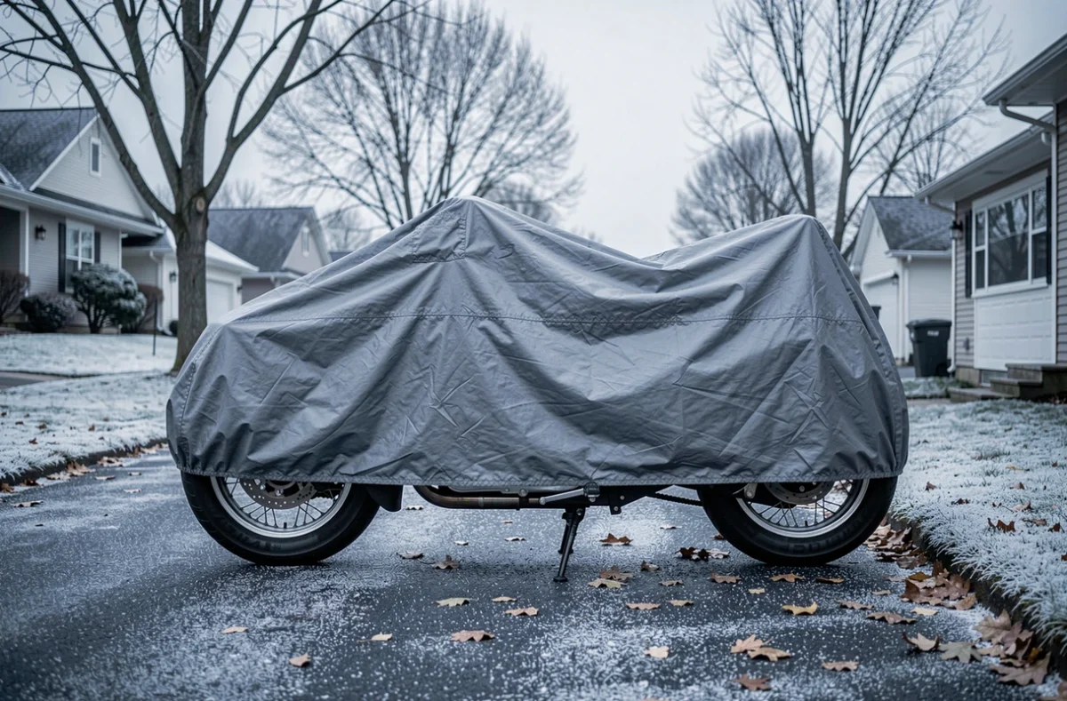 Moto recouverte d'une bâche protectrice sur une allée gelée en hiver, assurance et hivernage moto
