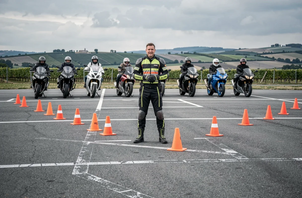 Moniteur du Moto Club Prévention Rhône encadrant des élèves motards sur un circuit d'entraînement en extérieur