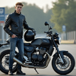 Jeune homme motard avec casque et moto 700cc en extérieur