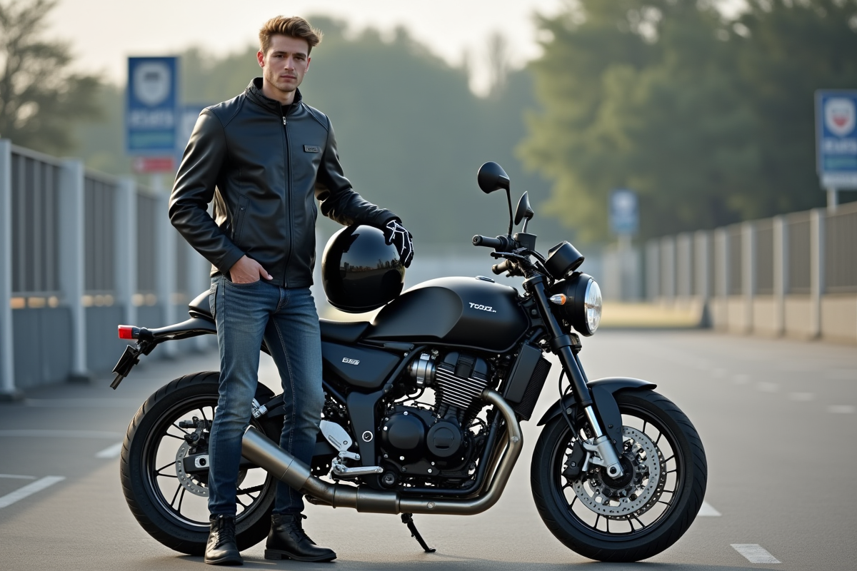 Jeune homme motard avec casque et moto 700cc en extérieur