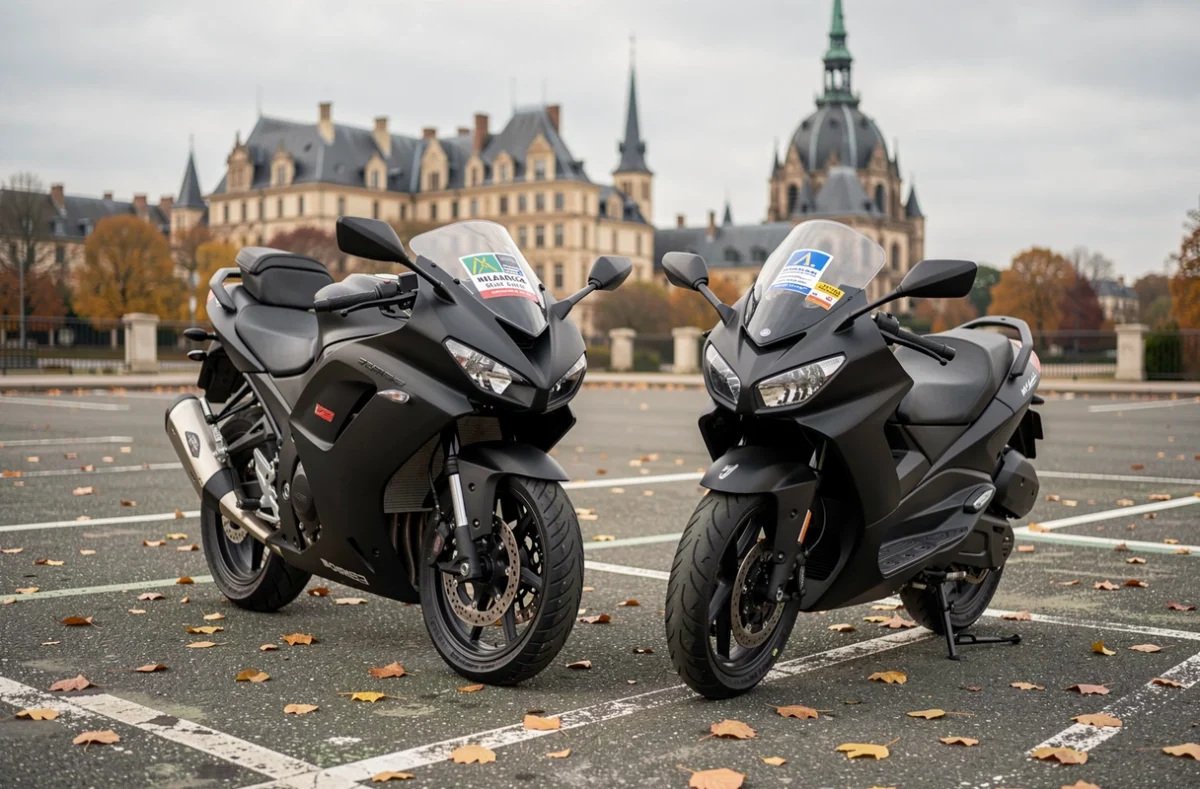 Deux motos garées dans un parking à Dijon avec architecture régionale bourguignonne en arrière-plan