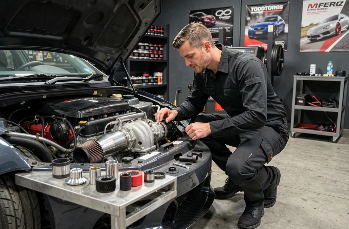 Spécialiste en préparation automobile inspectant un moteur haute performance chez M'Perf