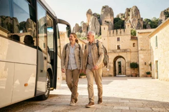 Couple descendant d'une navette touristique à l'entrée des Baux-de-Provence pour éviter la marche depuis le parking