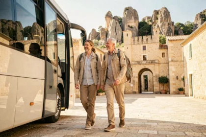 Couple descendant d'une navette touristique à l'entrée des Baux-de-Provence pour éviter la marche depuis le parking