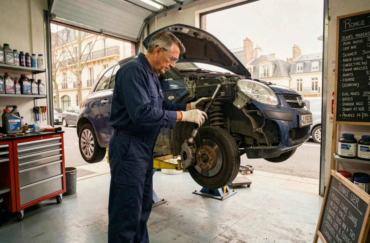 Mécanicien effectuant l'entretien d'un véhicule au garage Noël Auto Austerlitz dans le 5e arrondissement de Paris