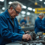 Homme scandinave assemble moteur dans usine suédoise