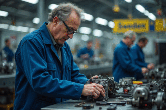 Homme scandinave assemble moteur dans usine suédoise