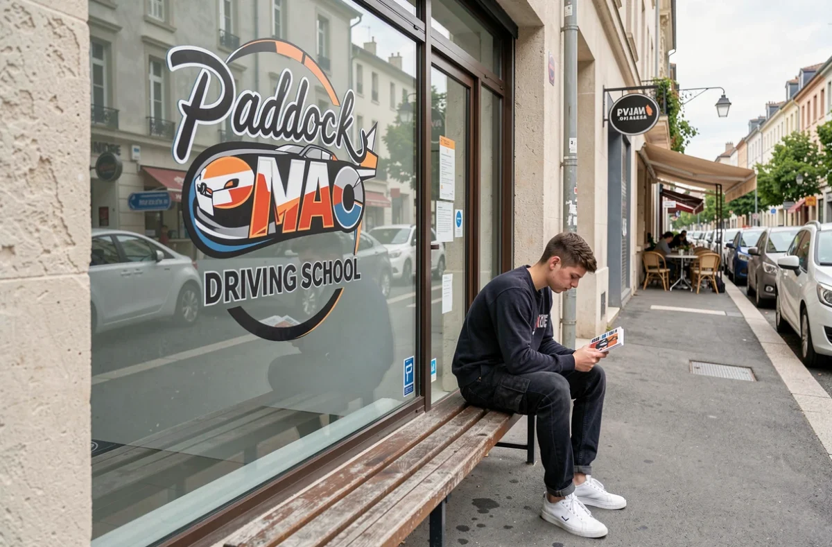 Devanture du Paddock Driving School à Villefranche-sur-Saône avec un jeune élève consultant un livret de code
