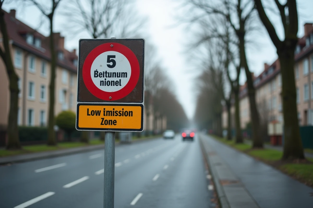Panneau de signalisation indiquant l'entrée dans la zone de basse émission de Bruxelles avec indication de la vignette obligatoire