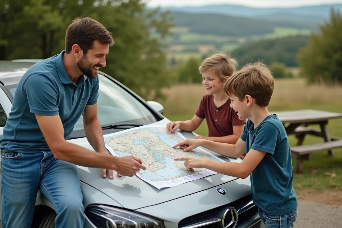 Père et enfants regardant une carte routière en campagne