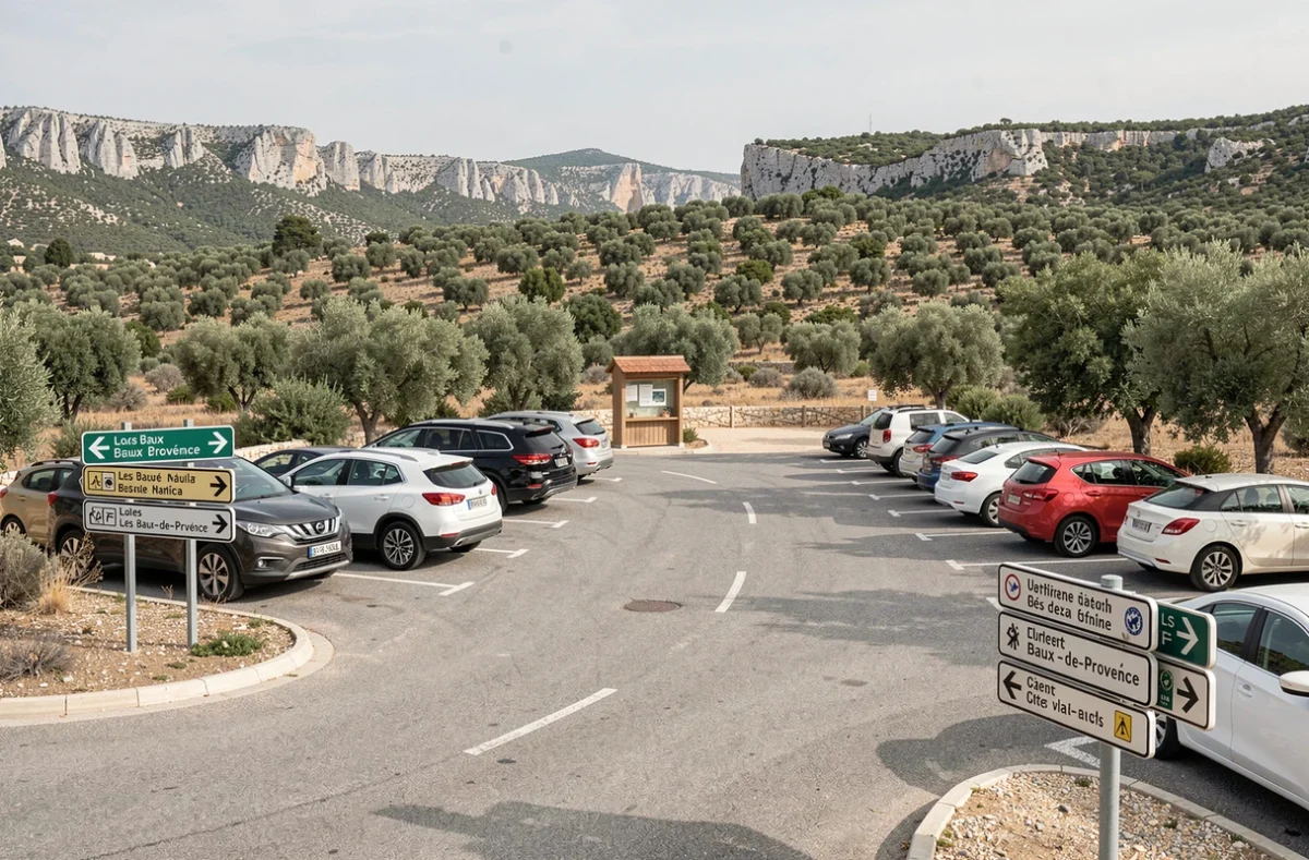 Parking aménagé à l'extérieur des Baux-de-Provence avec signalétique claire et végétation provençale environnante
