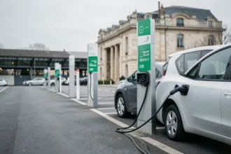 Borne de recharge pour voiture électrique dans un parking proche de la gare de Valence
