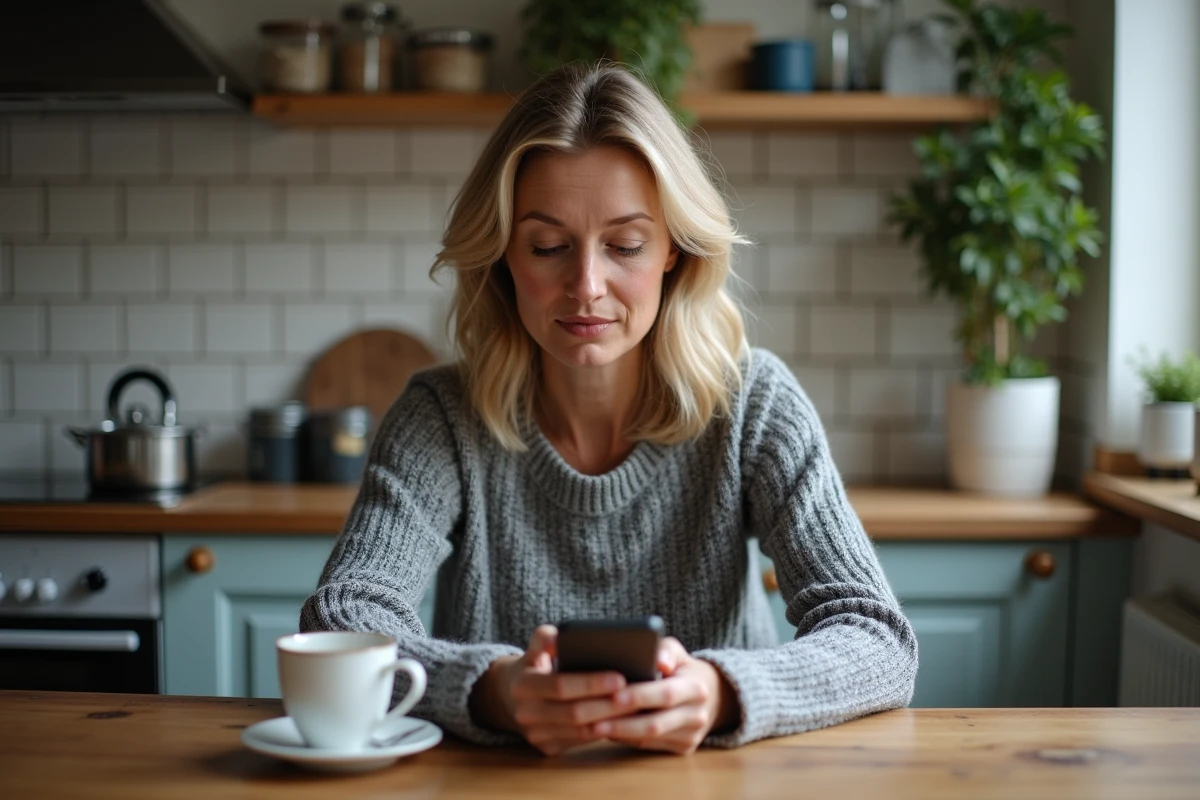 Une particulière consulte les tarifs d'annonces Leboncoin sur son smartphone depuis sa cuisine