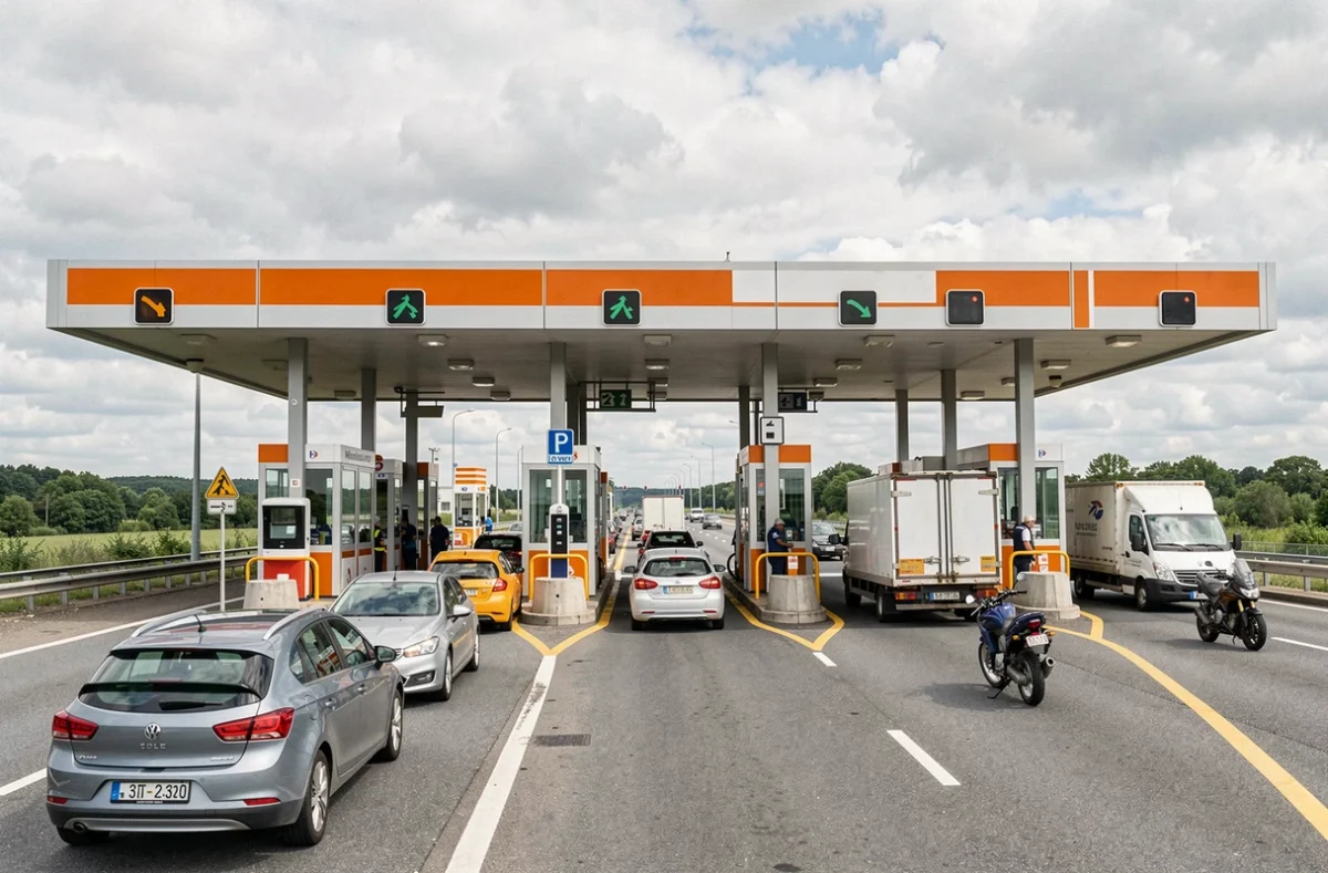 Vue large d'un péage autoroutier français avec files de voitures, symbolisant le coût des trajets sur les autoroutes françaises
