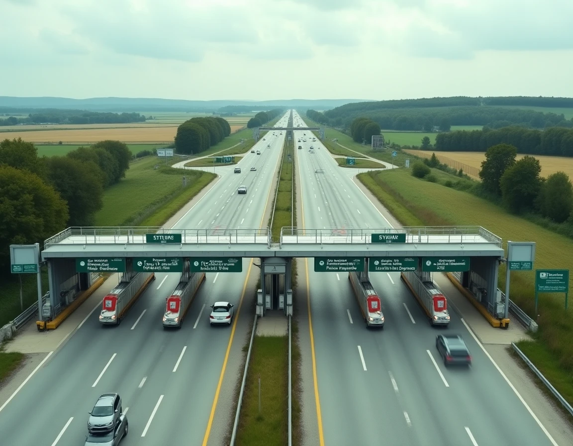 Vue d'ensemble d'un péage autoroutier français avec barrières et voies de sortie menant vers une route nationale et une station-service en ville
