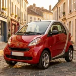 Petite voiturette rouge garée dans une rue de ville au soleil couchant