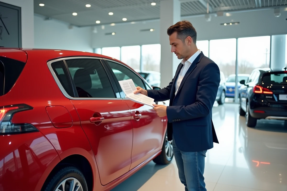Homme consultant une brochure Peugeot 308 rouge dans un showroom automobile moderne