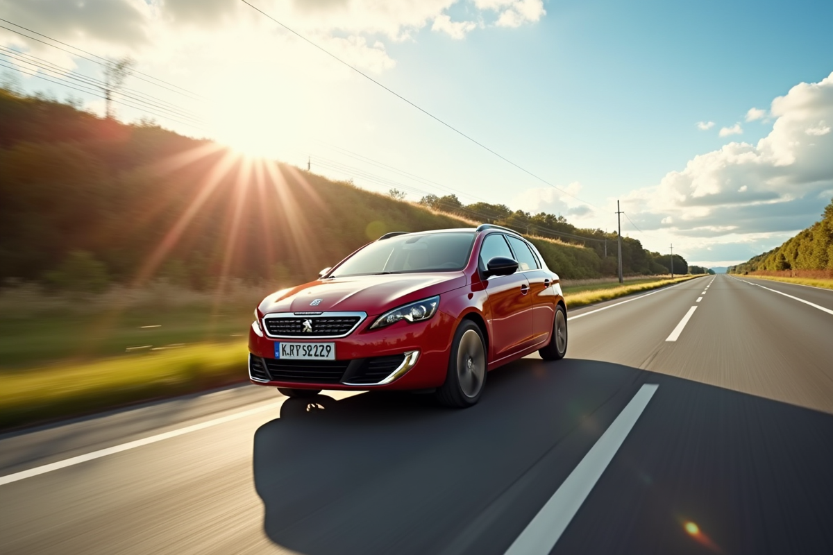 Peugeot 308 GT Line en conduite sur une route ensoleillee