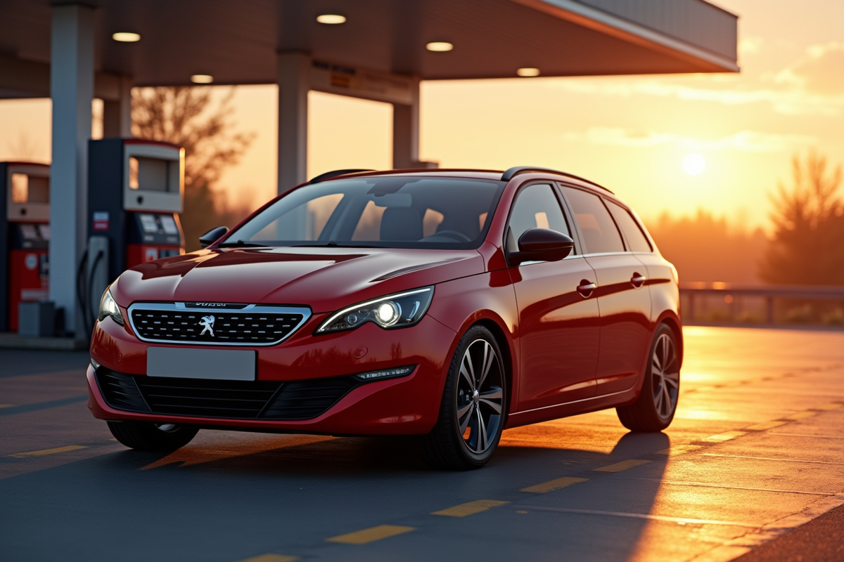Peugeot 308 GT Line garée à une station essence au coucher du soleil