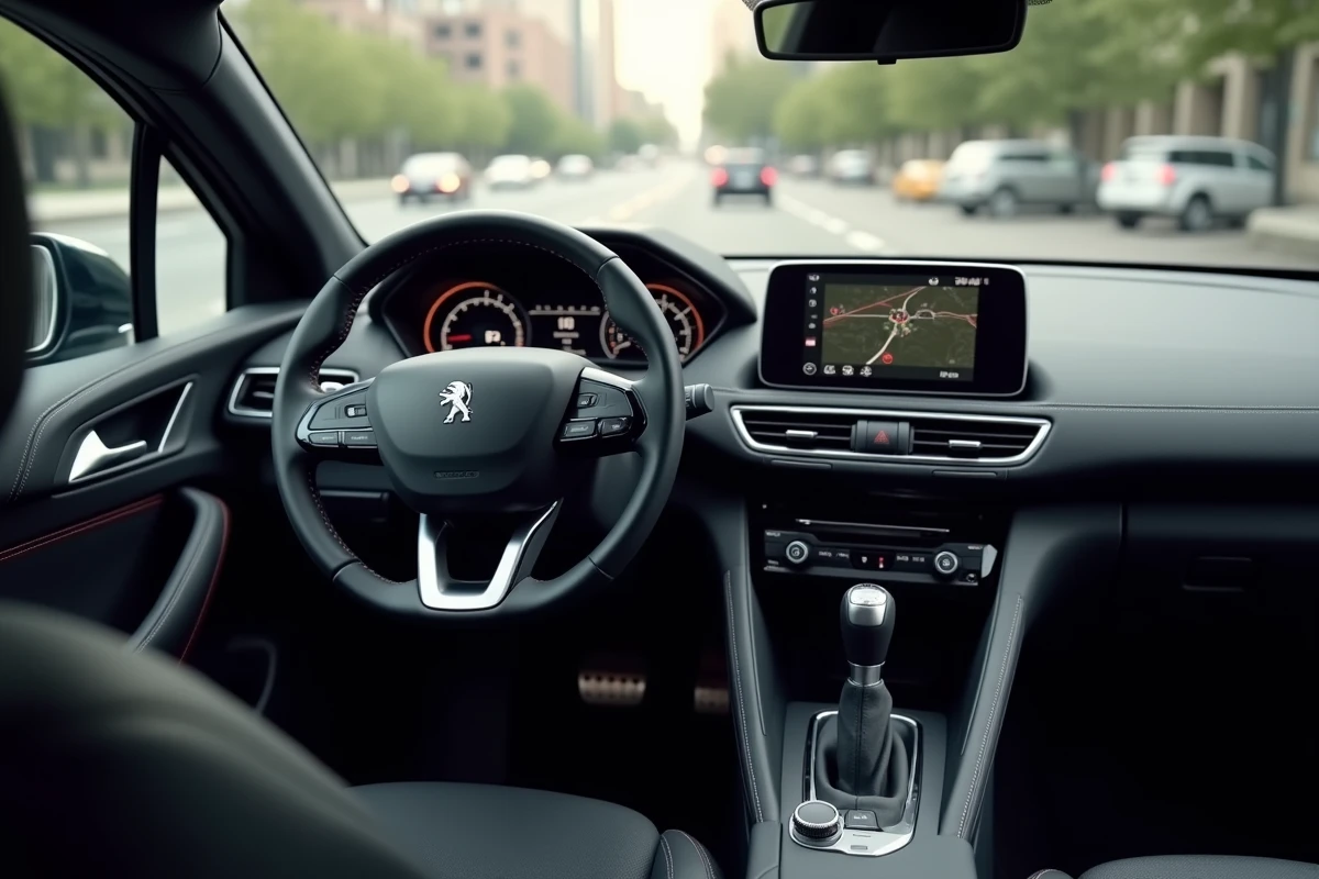 Intérieur de la Peugeot 308 avec tableau de bord i-Cockpit et écran tactile central