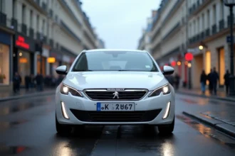 Peugeot 308 blanche garée dans une rue parisienne, vue de face en angle 3/4