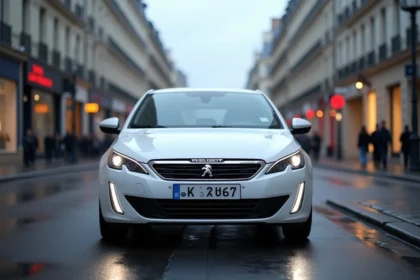 Peugeot 308 blanche garée dans une rue parisienne, vue de face en angle 3/4