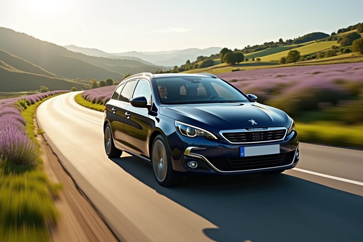 Peugeot 308 SW bleue métallisée en conduite sur une route de campagne provençale