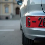Plaque d'immatriculation rouge de transit montée sur une voiture garée devant un bâtiment administratif français