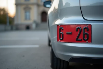 Plaque d'immatriculation rouge de transit montée sur une voiture garée devant un bâtiment administratif français