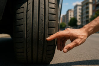 Photo d'un pneu de voiture usé avec main touchant la bande de roulement