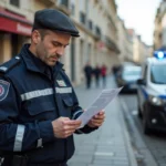 Policier français en uniforme rédigeant un procès-verbal de contravention de 5ème classe sur la voie publique