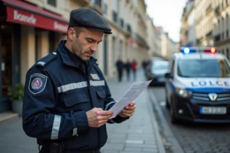 Policier français en uniforme rédigeant un procès-verbal de contravention de 5ème classe sur la voie publique
