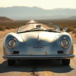 Porsche 550 Spyder argentée de 1955 garée sur une route désertique californienne, vue trois quarts avant