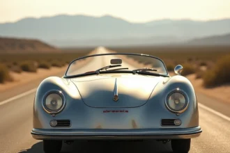 Porsche 550 Spyder argentée de 1955 garée sur une route désertique californienne, vue trois quarts avant
