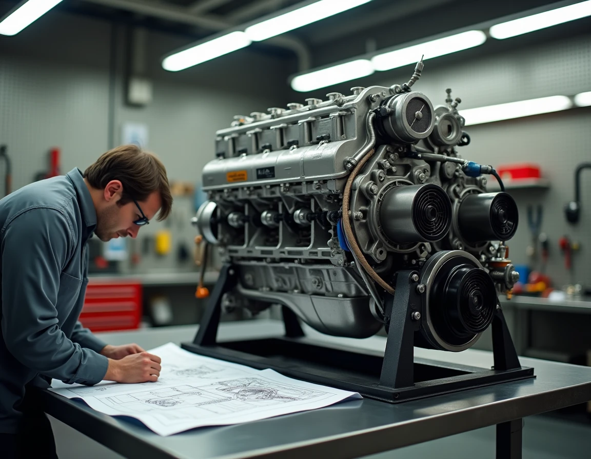Moteur à plat 12 cylindres de la Porsche 917 exposé en atelier de restauration, détails mécaniques complexes