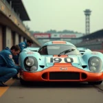 Porsche 917 Gulf Oil dans les stands d'un circuit vintage, mécaniciens au travail près du moteur à plat 12 cylindres