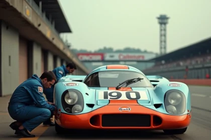 Porsche 917 Gulf Oil dans les stands d'un circuit vintage, mécaniciens au travail près du moteur à plat 12 cylindres