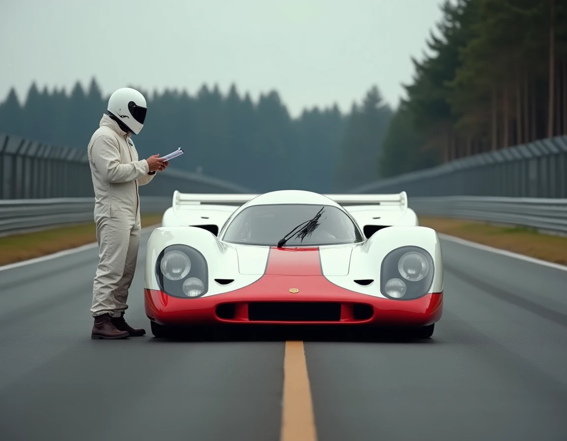 Porsche 917 K en piste sur un circuit type Le Mans, pilote en combinaison ignifugée consultant ses notes