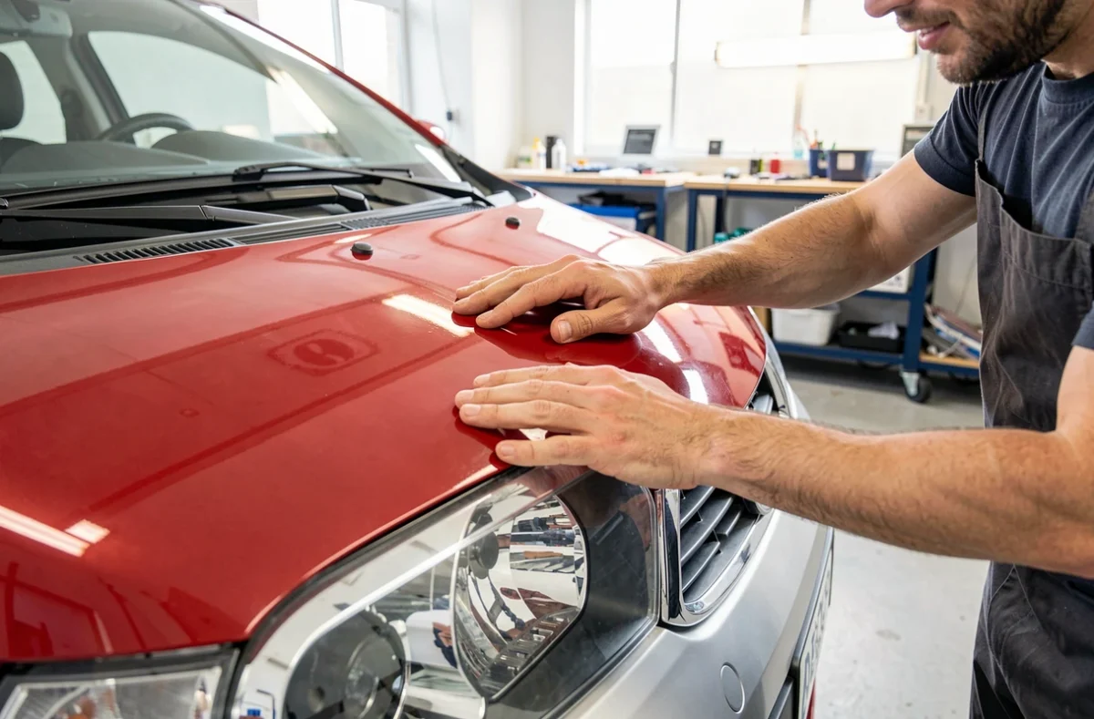 Pose d'un covering rouge sur le capot d'une petite voiture en atelier