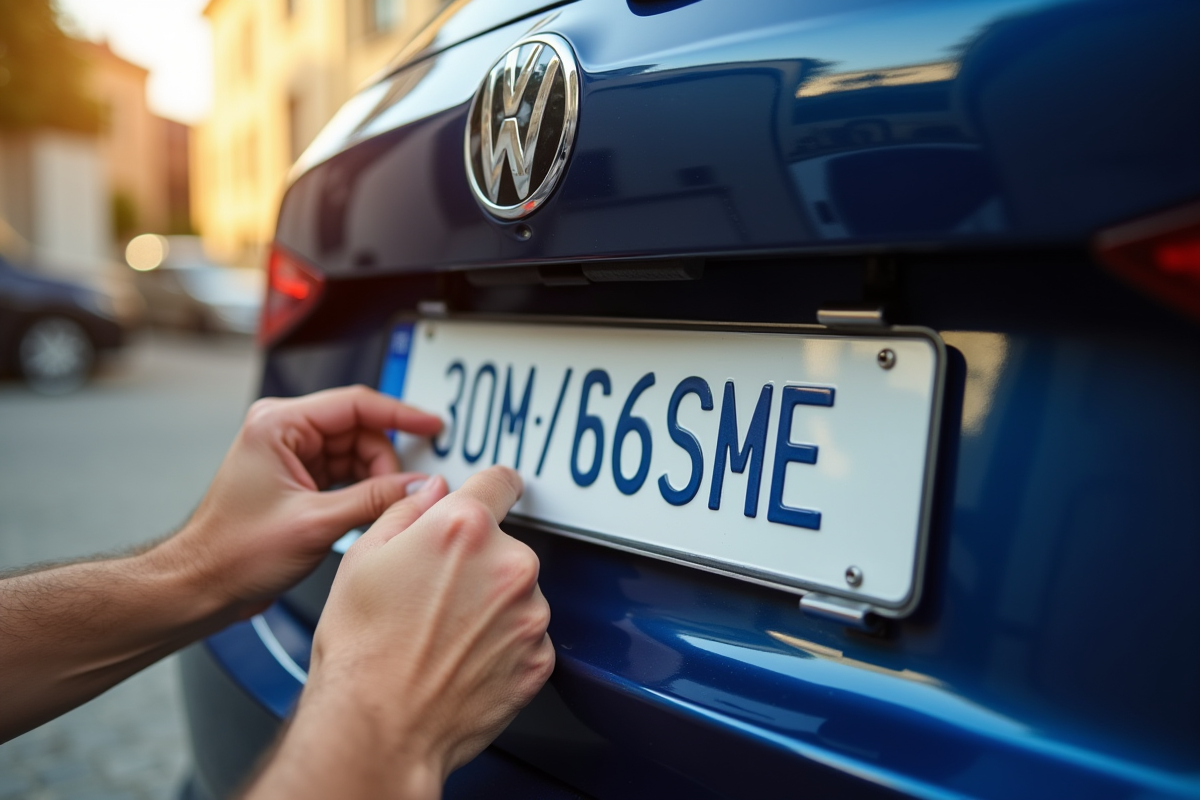 Pose de la plaque d immatriculation sur une voiture neuve en extérieur