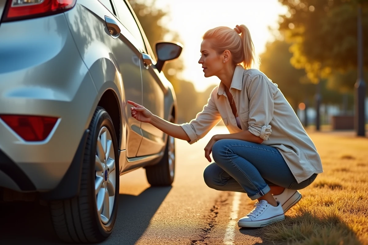 Femme lisant les indications de pression sur le flanc d'un pneu de Ford Fiesta argentée en été