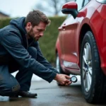 Mécanicien vérifiant la pression des pneus d'une Ford Fiesta rouge en hiver avec un manomètre numérique
